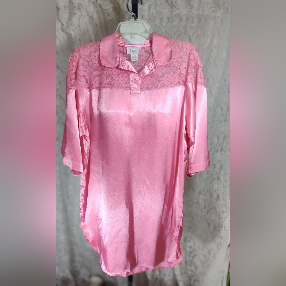 Jayre Sexy Ciral Pink Satin Lace Trim Nightshirt Chemise